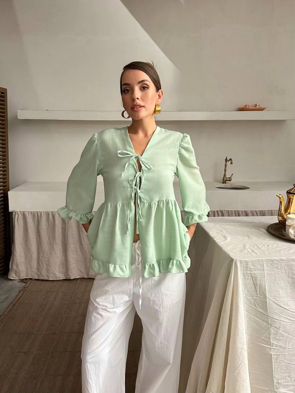 Bağlamalı Keten Bluz Yeşil